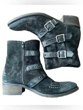 Black Distressed Leather Harness Ankle Boots Buckle Moto Western Goth Grunge